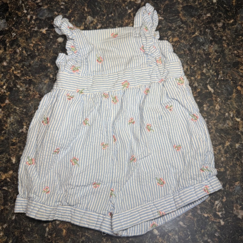 Pastourelle by Pippa & Julie Baby Girls Blue Seersucker Floral Romper 3/6M